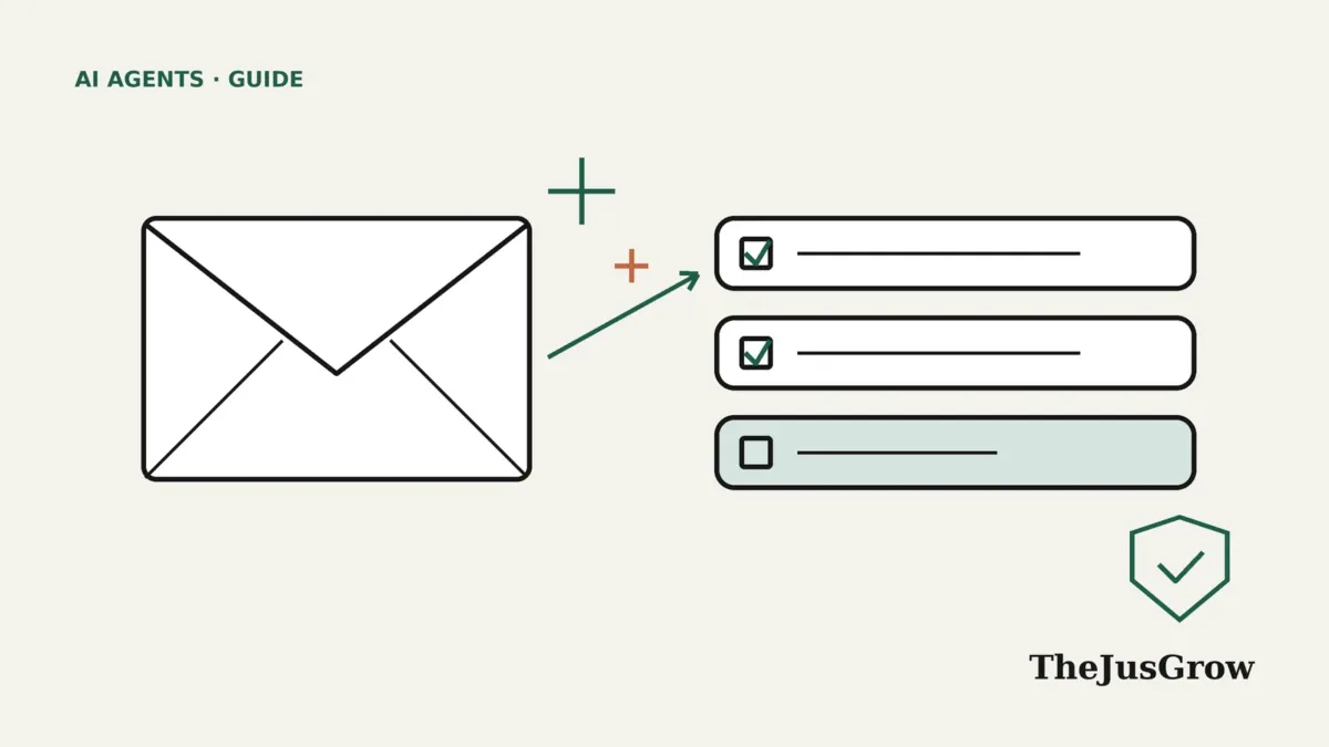 AI agent for Gmail illustration: an email envelope with sparkle marks points to a checklist of inbox tasks, with a green approval shield on the last unchecked item
