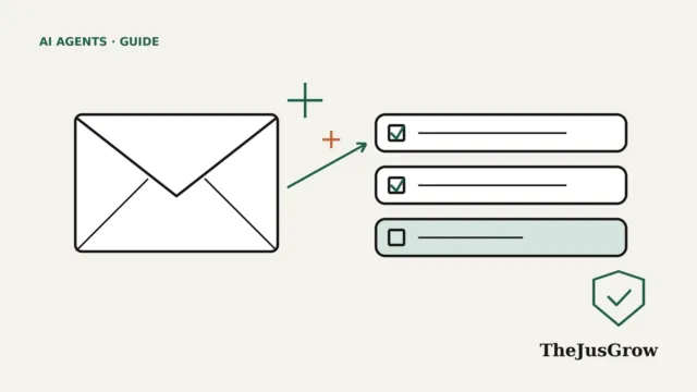 AI agent for Gmail illustration: an email envelope with sparkle marks points to a checklist of inbox tasks, with a green approval shield on the last unchecked item