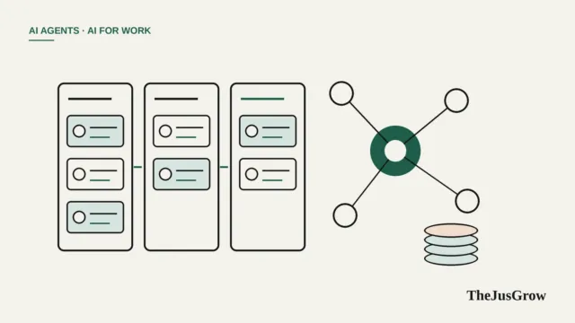 Line illustration of a three-column sales pipeline beside a hub of connected nodes and a stack of credit coins, representing an AI agent for HubSpot