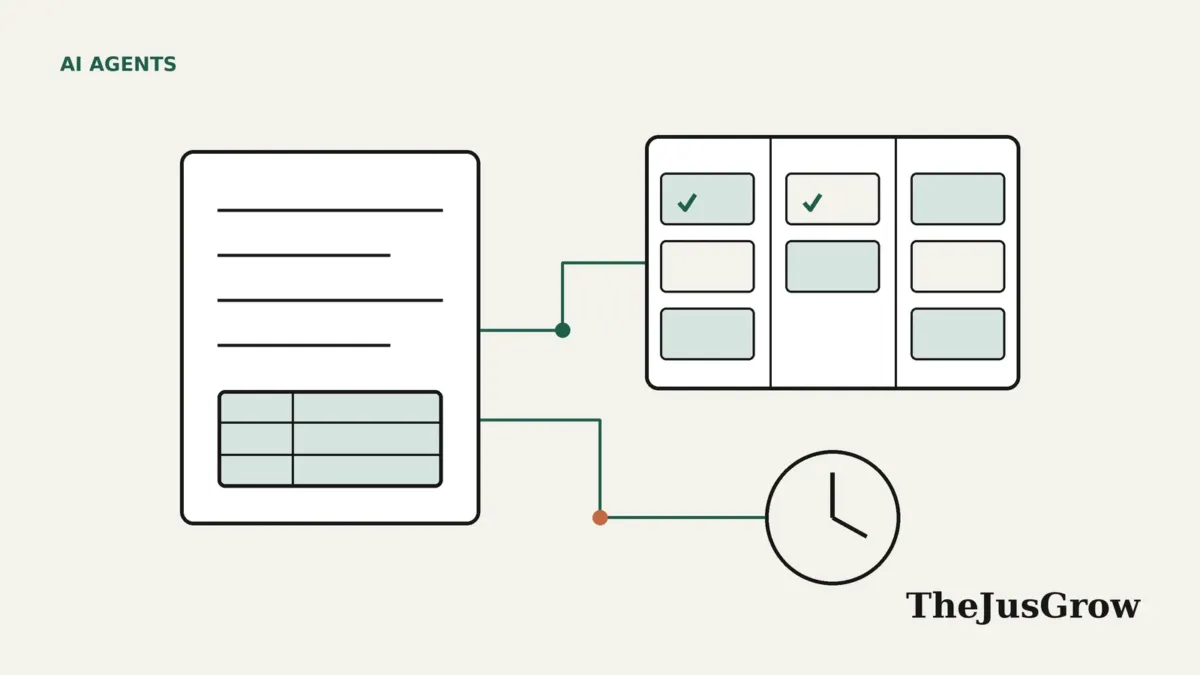 Line illustration of an AI agent for Notion: a document page and a task database board connected to a clock that triggers scheduled work