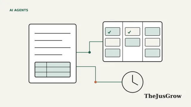 Line illustration of an AI agent for Notion: a document page and a task database board connected to a clock that triggers scheduled work