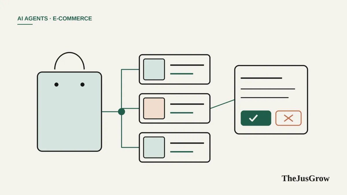 Line illustration of a shopping bag linked to three product cards and an approve-or-reject panel, showing how an AI agent for Shopify suggests changes for review