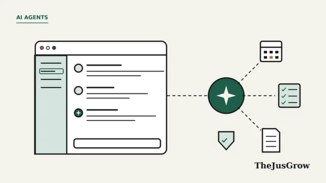 Flat illustration of an AI agent for Slack: a chat window linked by dotted lines to a green agent hub, a calendar, a checklist, a document and a shield with a tick.