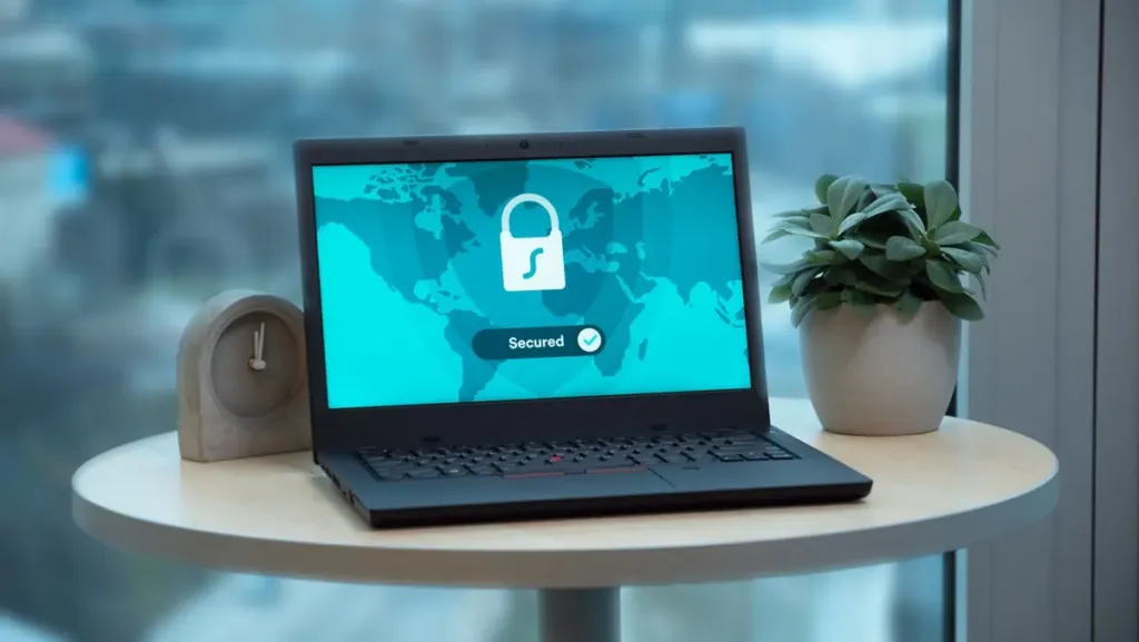 Laptop on a small round table showing a padlock icon and the word Secured, illustrating AI agent identity checks on the web