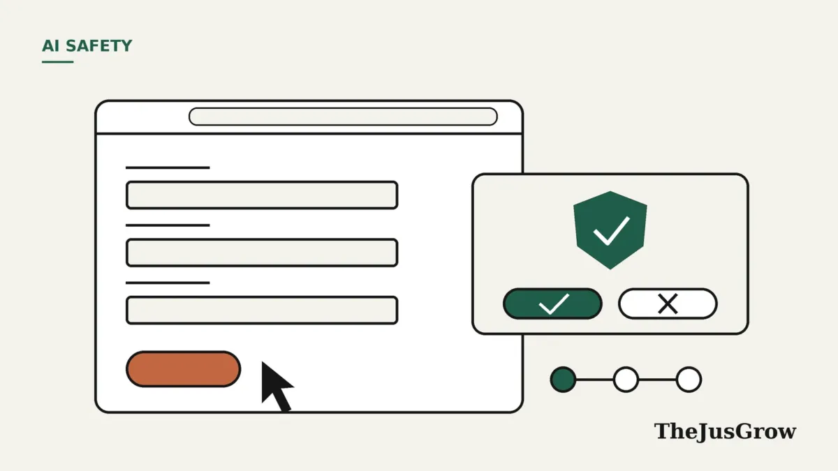 AI agent permission settings illustration: a web form with a cursor beside an approval dialog showing a shield, approve and decline buttons, and a three-step setting