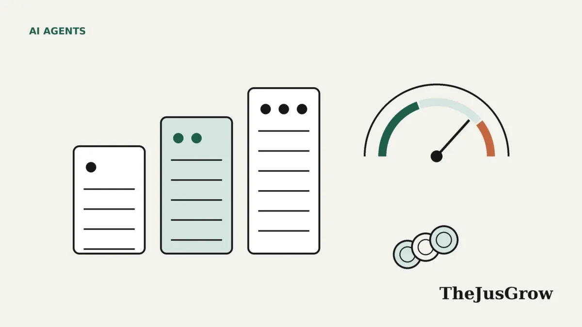 Illustration of AI agent pricing: three plan cards of rising size, a usage gauge and a small stack of credit coins
