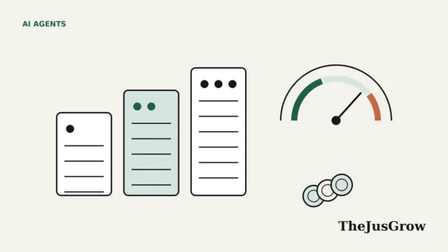 Illustration of AI agent pricing: three plan cards of rising size, a usage gauge and a small stack of credit coins