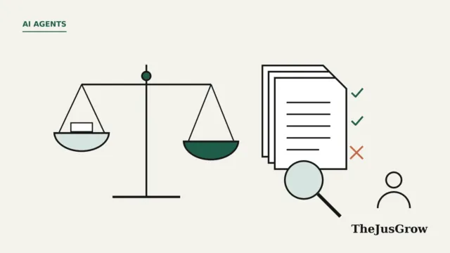 Line illustration about AI agents for lawyers: balance scales beside a stack of documents with two ticks and one cross, a magnifying glass and a person outline for human review.