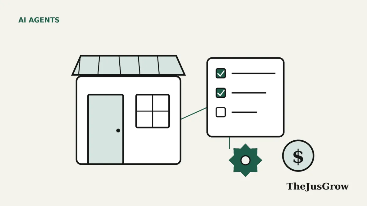 Line illustration of a small shop, a task checklist, a gear and a dollar coin, representing AI agents for small business owners