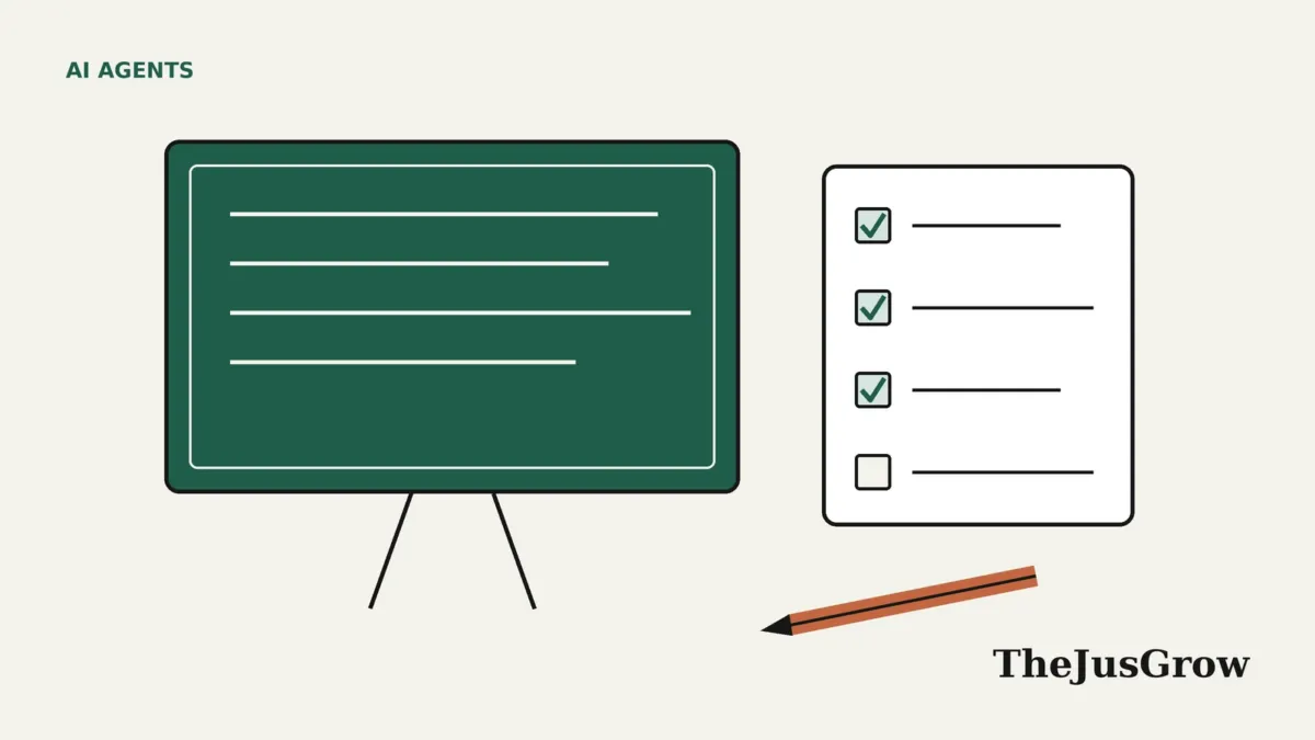 Illustration for AI agents for teachers: a green classroom board with lesson lines, a ticked checklist and an orange pencil