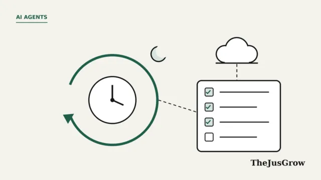 Illustration of Copilot Autopilot as an always-on agent: a clock inside a looping green arrow, a moon, a cloud and a checklist with three of four tasks ticked.