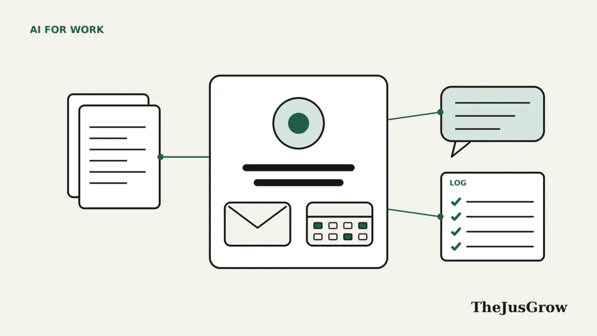 Illustration of coworker agents: an AI agent identity card with its own email and calendar, linked to shared documents, a chat bubble and an audit log