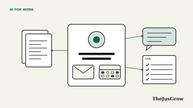 Illustration of coworker agents: an AI agent identity card with its own email and calendar, linked to shared documents, a chat bubble and an audit log