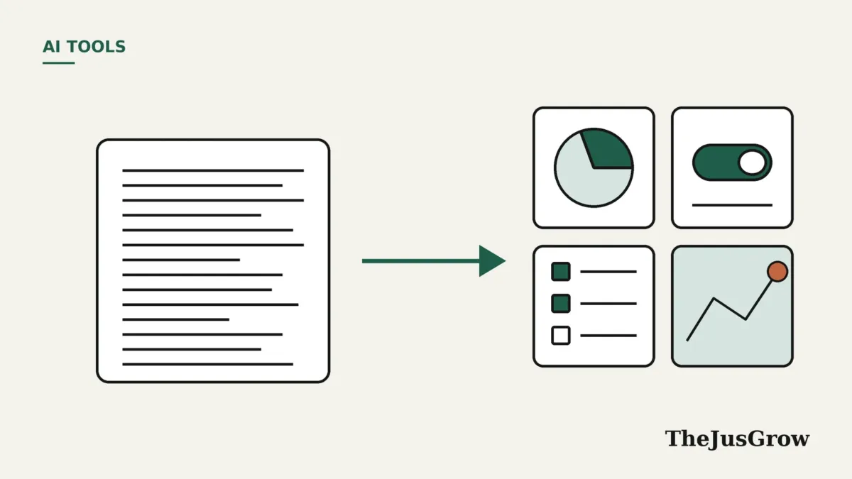 Generative UI illustration: a block of text turning into interface cards with a pie chart, a toggle switch, a checklist and a line chart