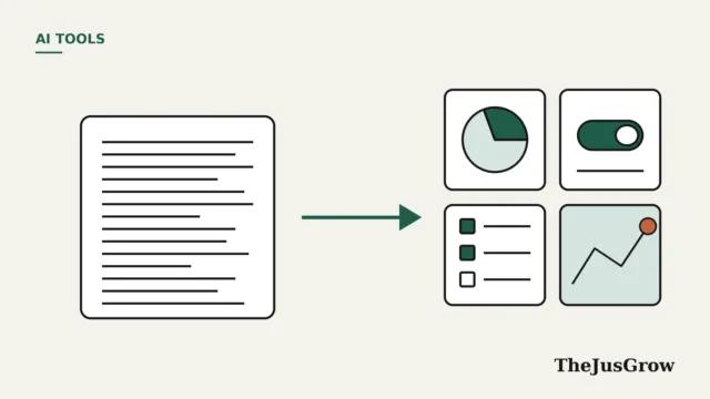 Generative UI illustration: a block of text turning into interface cards with a pie chart, a toggle switch, a checklist and a line chart