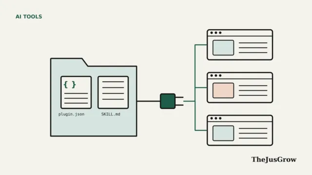 Agent plugins illustration: a folder holding a plugin.json file and a SKILL.md file, connected by a plug to three app windows