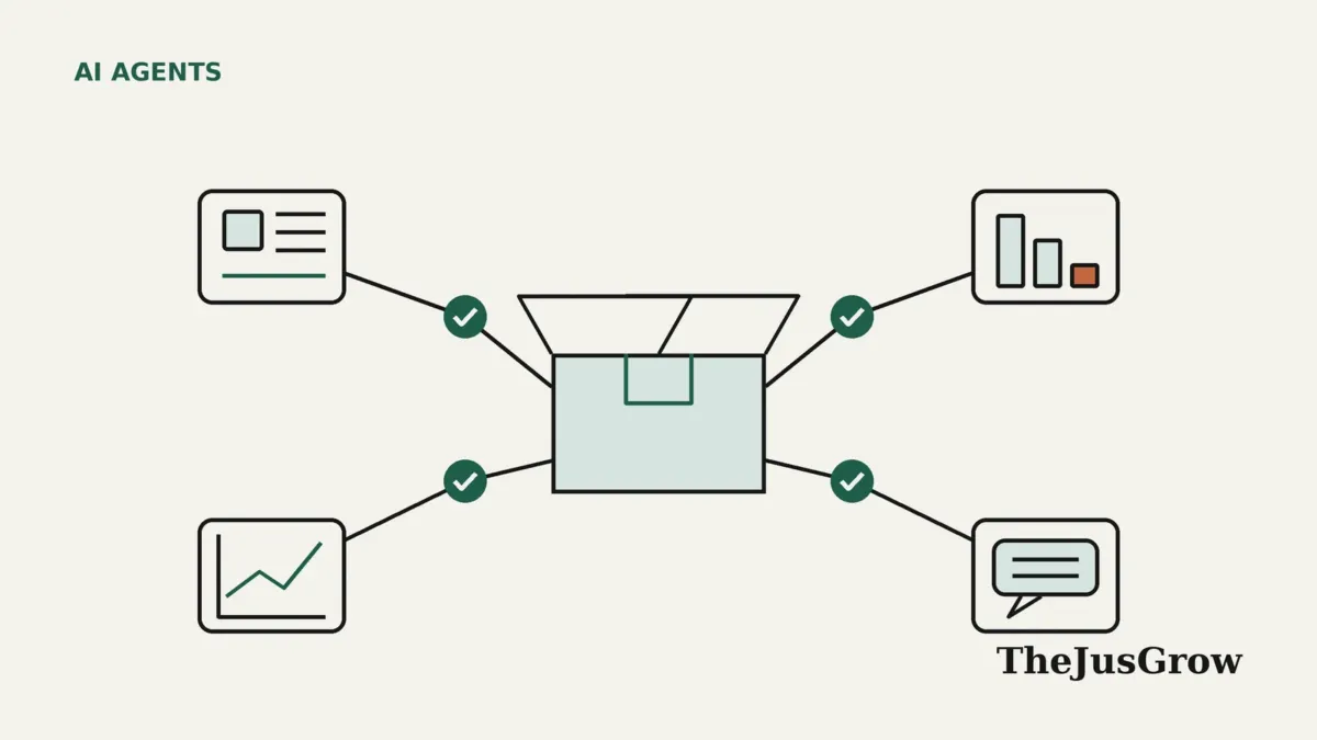 Flat line illustration of an AI agent for Amazon sellers: a storefront box linked to listing, stock and chart icons through an approval checkpoint
