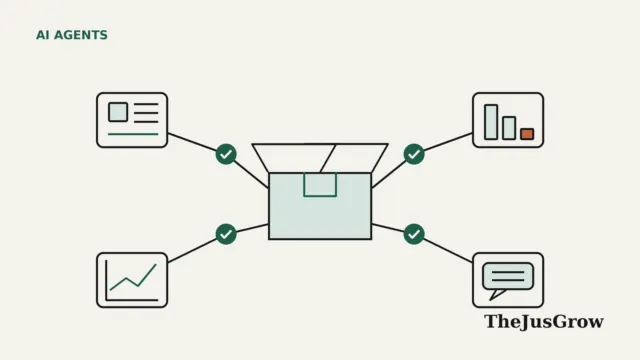 Flat line illustration of an AI agent for Amazon sellers: a storefront box linked to listing, stock and chart icons through an approval checkpoint