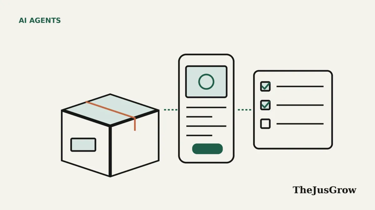 Illustration of a parcel, a phone with a listing draft and a checklist with two ticked boxes, representing an AI agent for eBay sellers