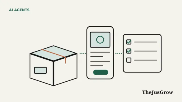 Illustration of a parcel, a phone with a listing draft and a checklist with two ticked boxes, representing an AI agent for eBay sellers