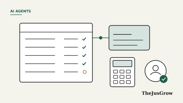 Illustration of AI agents for accountants: a ledger with ticked reconciled lines linked to a bank statement, a calculator and a human reviewer badge