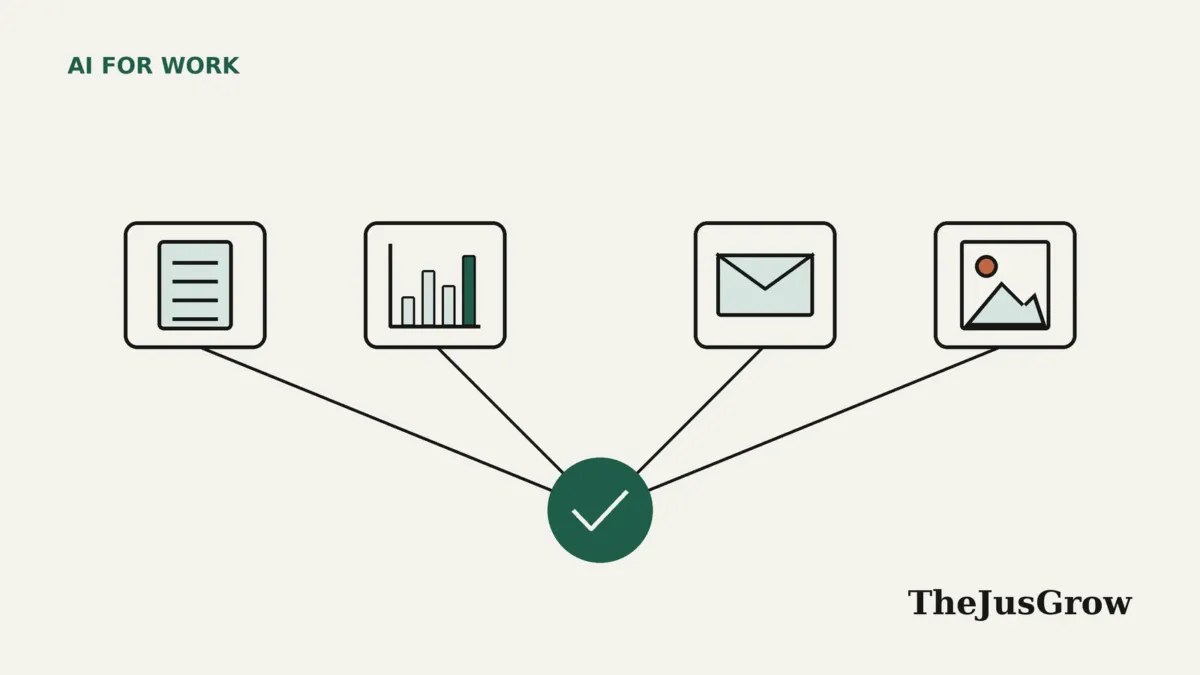 Flat line illustration of AI agents for marketers: a campaign brief, chart and email icons linked to a checkmark approval step