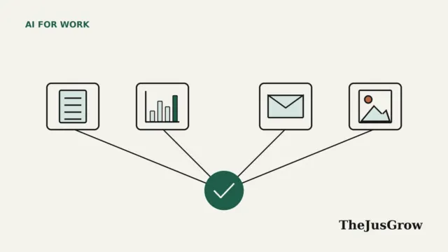 Flat line illustration of AI agents for marketers: a campaign brief, chart and email icons linked to a checkmark approval step