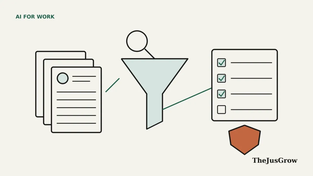 AI agents for recruiters illustration: a stack of CVs leading into a funnel and a checklist, with a magnifying glass and a shield for human review