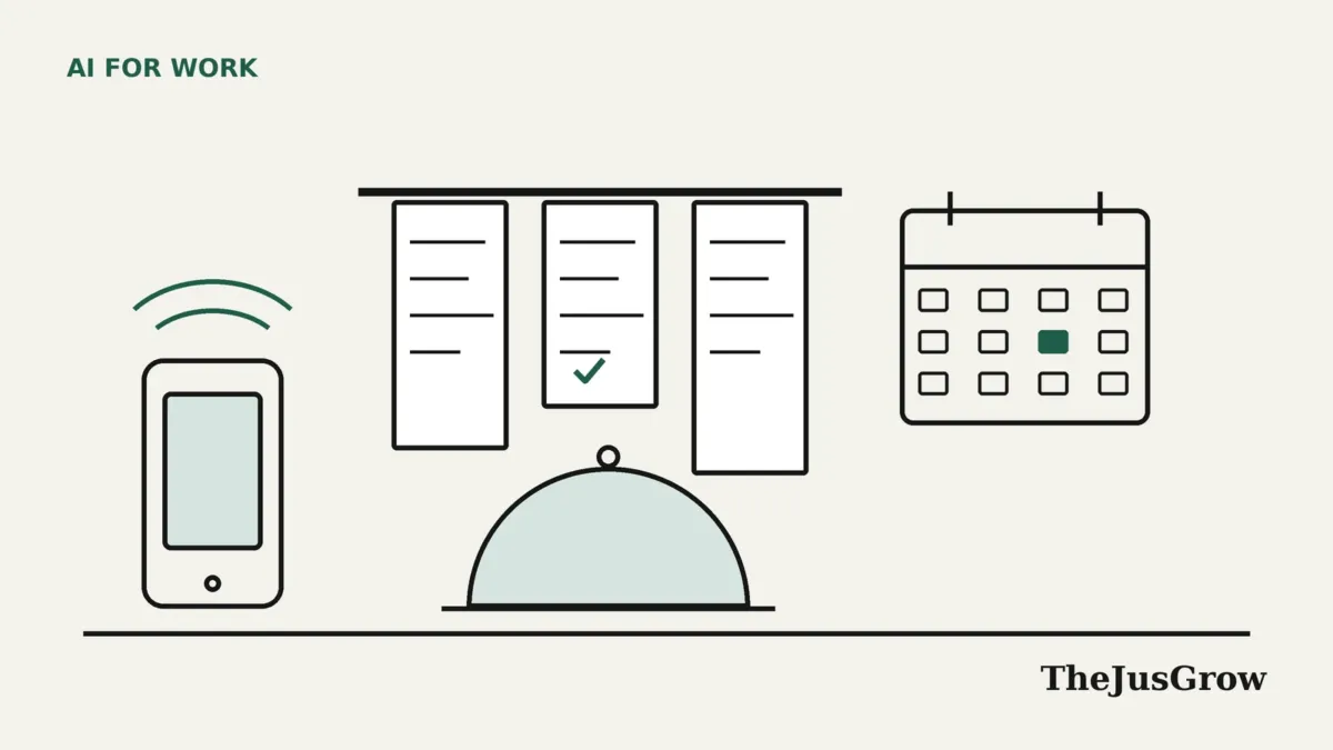 Flat line illustration of a phone, order tickets on a rail, a covered plate and a booking calendar, representing AI agents for restaurants