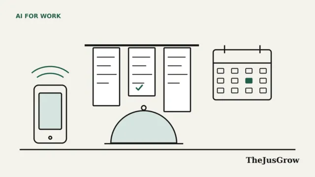 Flat line illustration of a phone, order tickets on a rail, a covered plate and a booking calendar, representing AI agents for restaurants