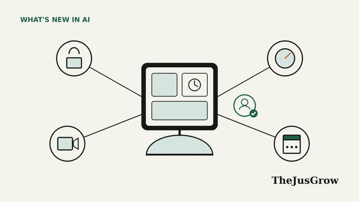 Flat line illustration of Apple HomeView as a square screen on a domed base, linked to icons for a lock, thermostat, camera and calendar