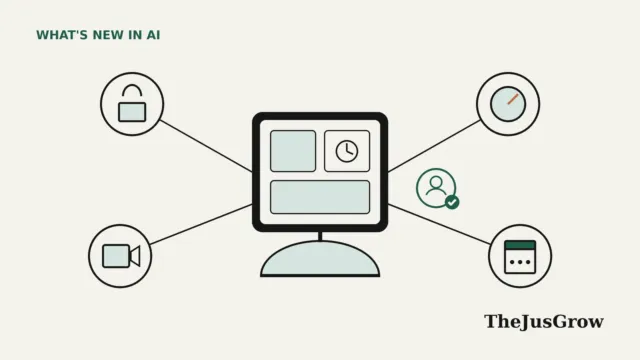 Flat line illustration of Apple HomeView as a square screen on a domed base, linked to icons for a lock, thermostat, camera and calendar