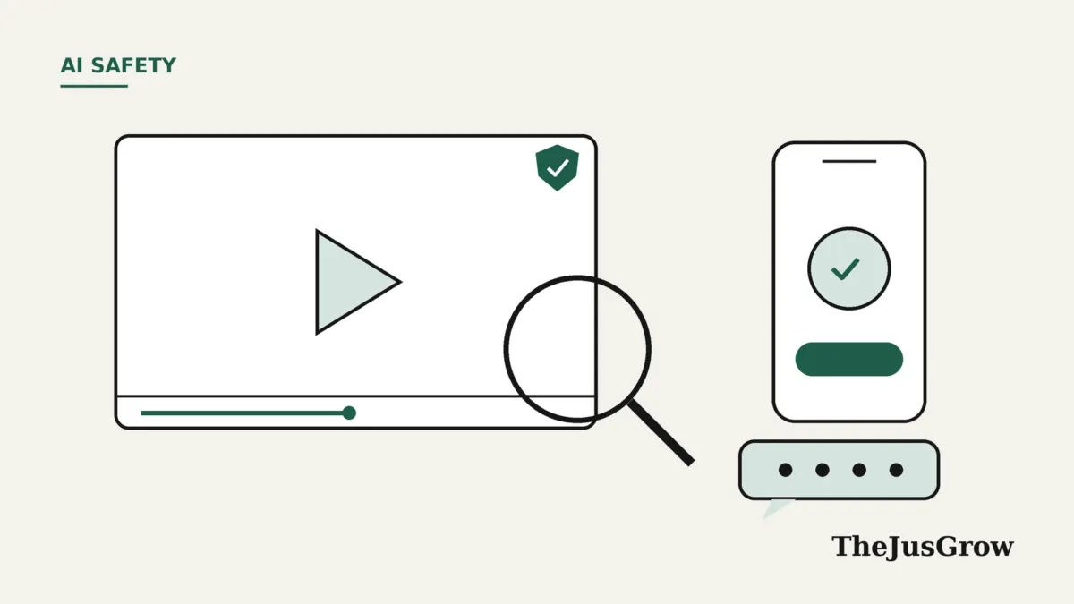 Illustration of how to spot a deepfake video: a video player with a magnifying glass, a verification shield, a phone call-back check and a code-word bubble