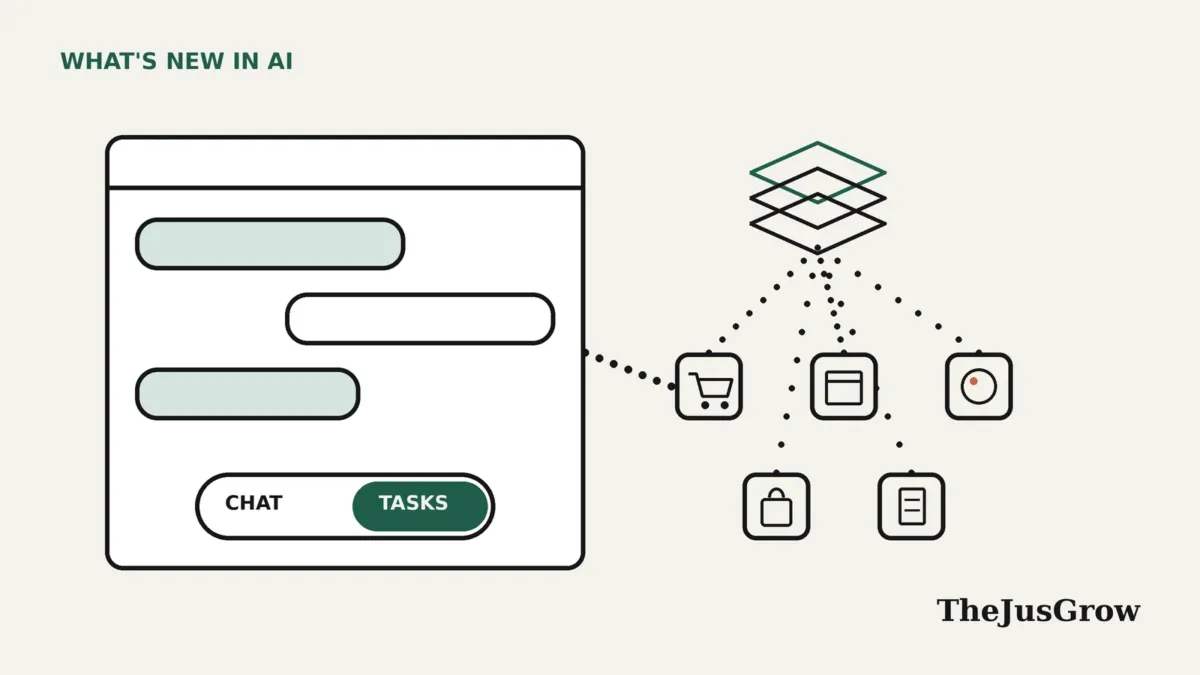 Flat line illustration of a chat window with a Chat and Tasks toggle linked to app icons and a layered model symbol, for Gemini 4 Argon