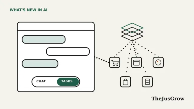 Flat line illustration of a chat window with a Chat and Tasks toggle linked to app icons and a layered model symbol, for Gemini 4 Argon