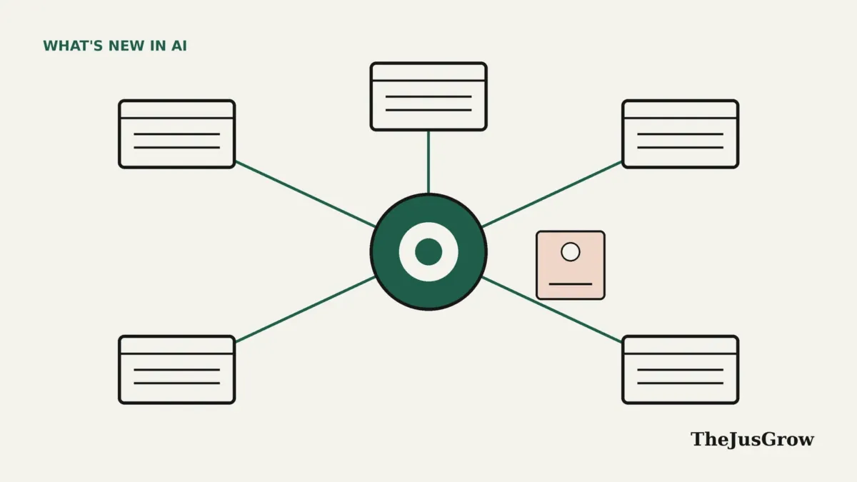 Gemini agent illustration: a central hub connected to five app windows, with a small identity badge beside it