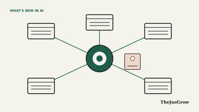 Gemini agent illustration: a central hub connected to five app windows, with a small identity badge beside it