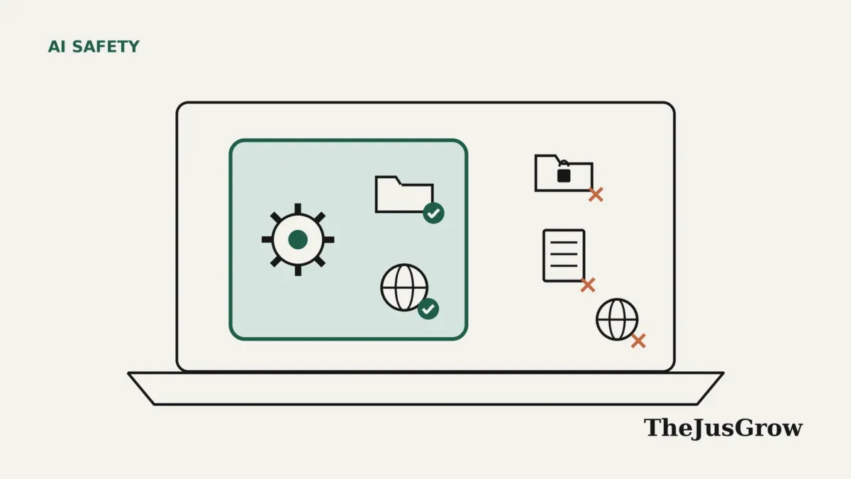Line illustration of Microsoft Execution Containers drawing a boundary around an AI agent icon on a laptop, allowing one folder and blocking others