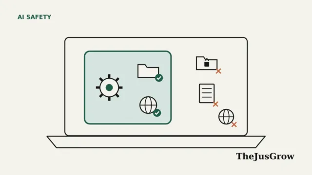 Line illustration of Microsoft Execution Containers drawing a boundary around an AI agent icon on a laptop, allowing one folder and blocking others