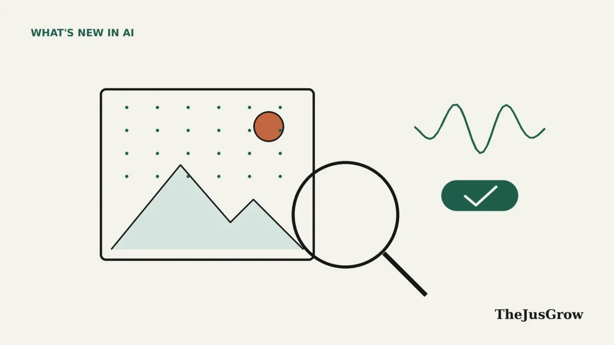 SynthID Detector illustration: a picture frame with a dotted pattern, a magnifying glass, a sound wave and a check mark