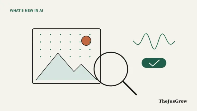 SynthID Detector illustration: a picture frame with a dotted pattern, a magnifying glass, a sound wave and a check mark