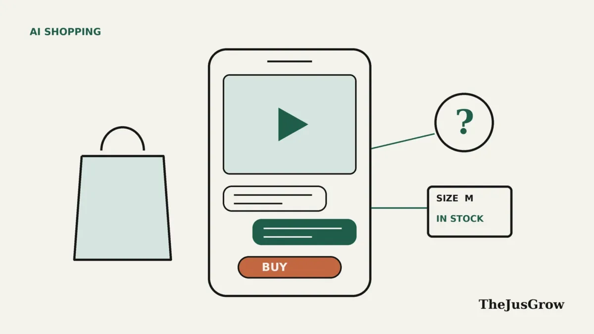 TikTok Shopping Assistant illustration: a phone showing a video, chat bubbles and a buy button, beside a shopping bag, a question mark and a size and stock tag