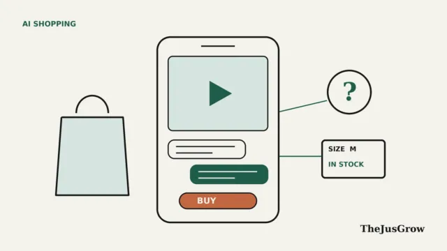 TikTok Shopping Assistant illustration: a phone showing a video, chat bubbles and a buy button, beside a shopping bag, a question mark and a size and stock tag