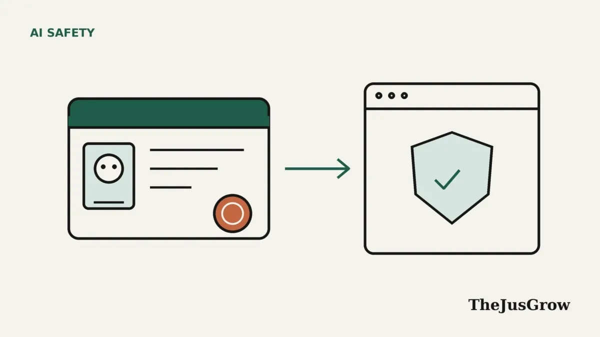 Illustration of an ID card with a wax seal and an arrow pointing to a website window with a shield and tick, representing AI agent identity