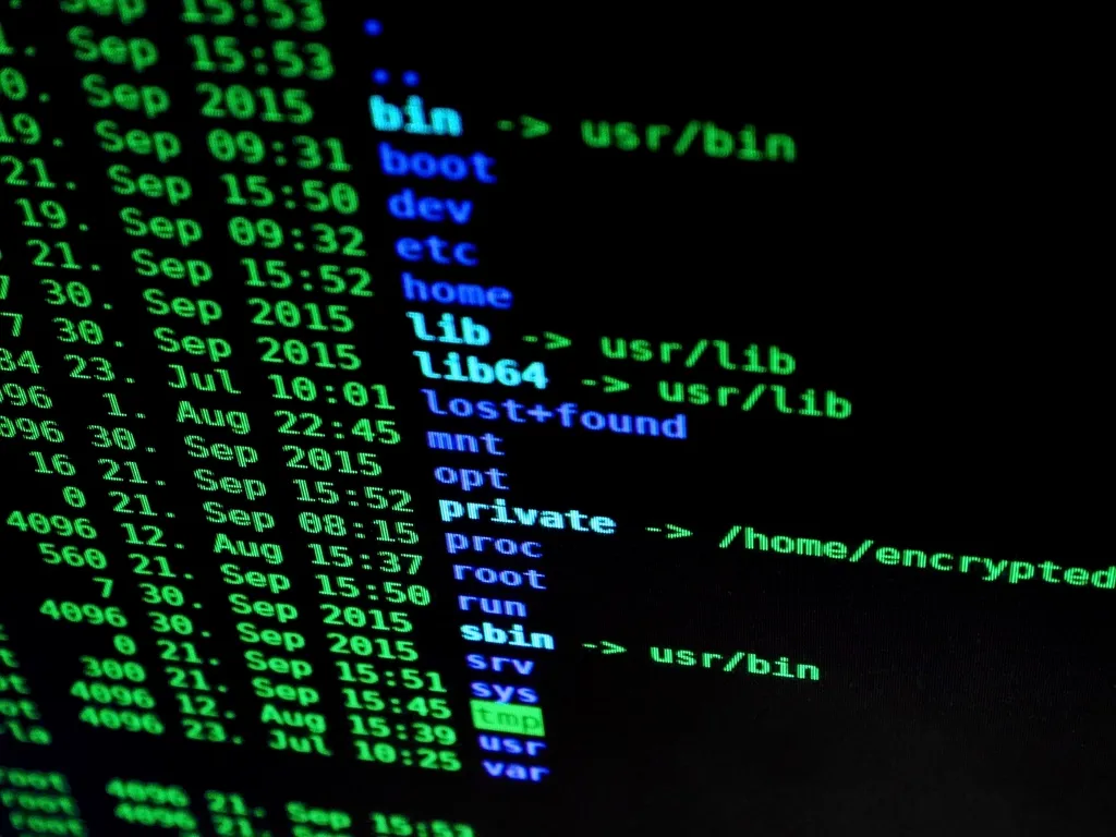 Green terminal text listing system folders and commands on a black screen