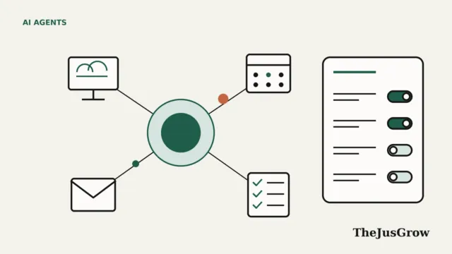 Illustration of OpenAI dots: a large green dot linked to a cloud computer, calendar, envelope and checklist, beside a rules panel with on/off switches