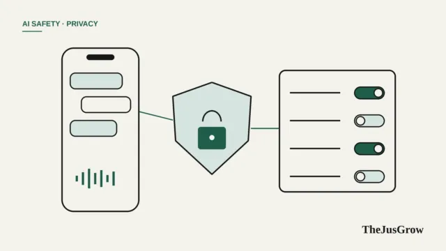 Line illustration of a phone with chat bubbles, a padlock shield and a panel of on-off toggles, representing Siri AI privacy settings