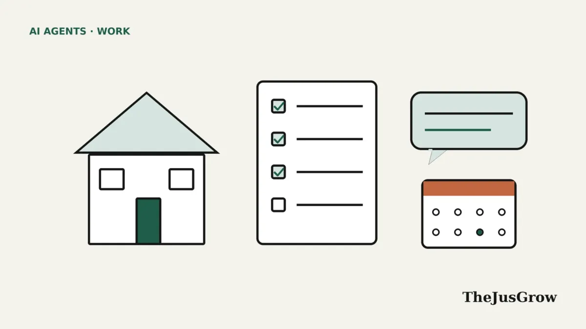 Flat line illustration about AI agents for real estate agents: a house, a transaction checklist, a chat bubble and a calendar with one date marked